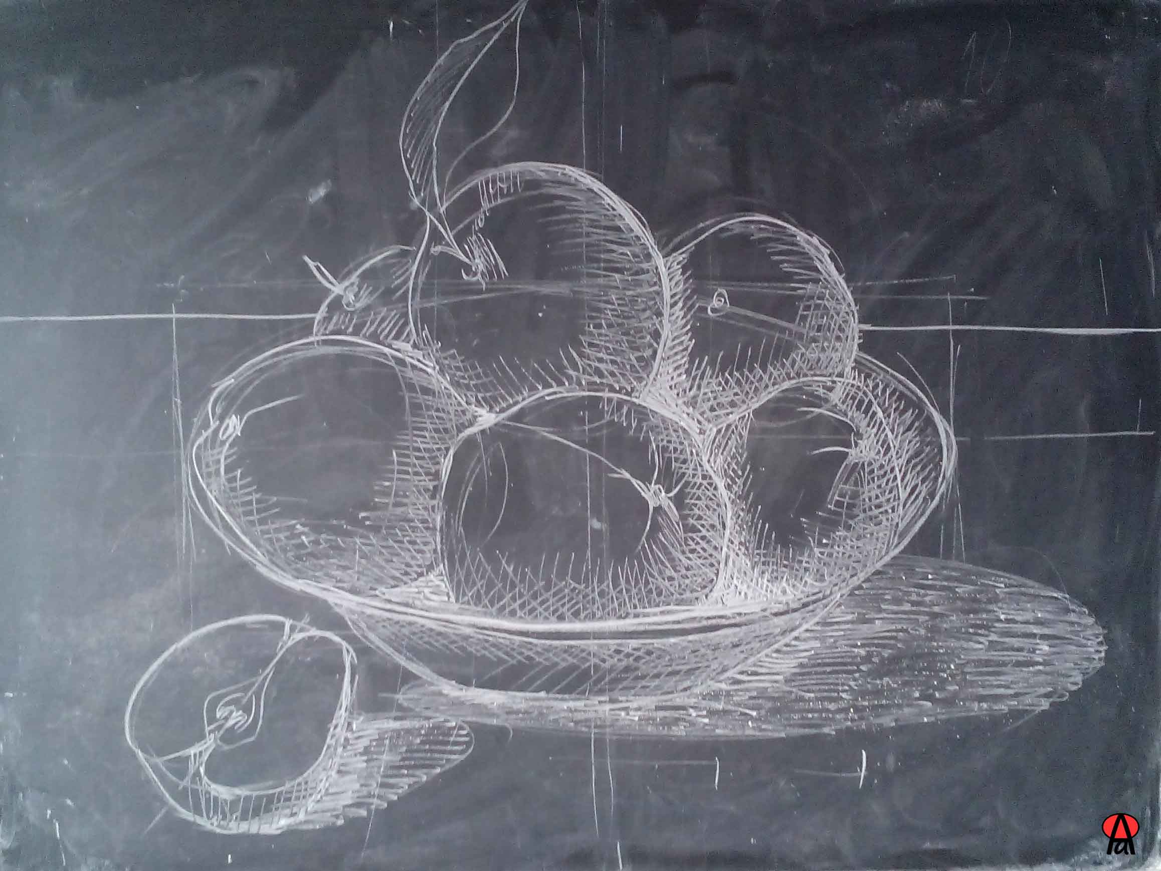 disegno a gessetto di una composizione di mele nel piatto