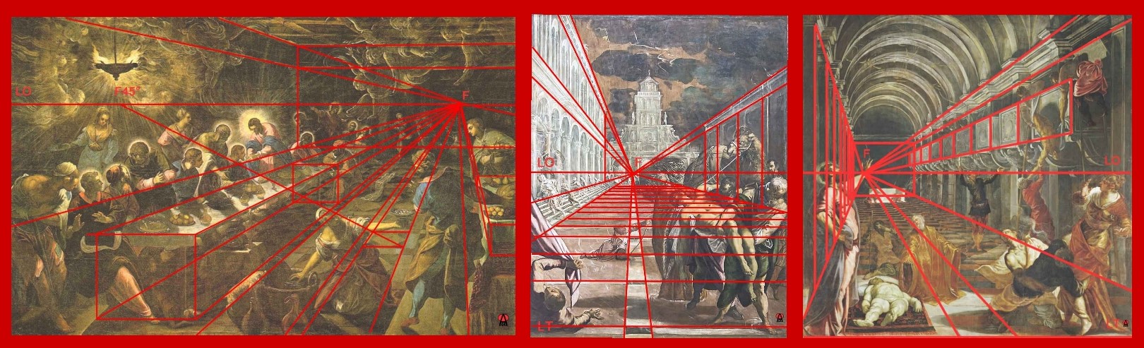 Dipinti di Tinoretto con graficizzazione in rosso della prospettiva centrale