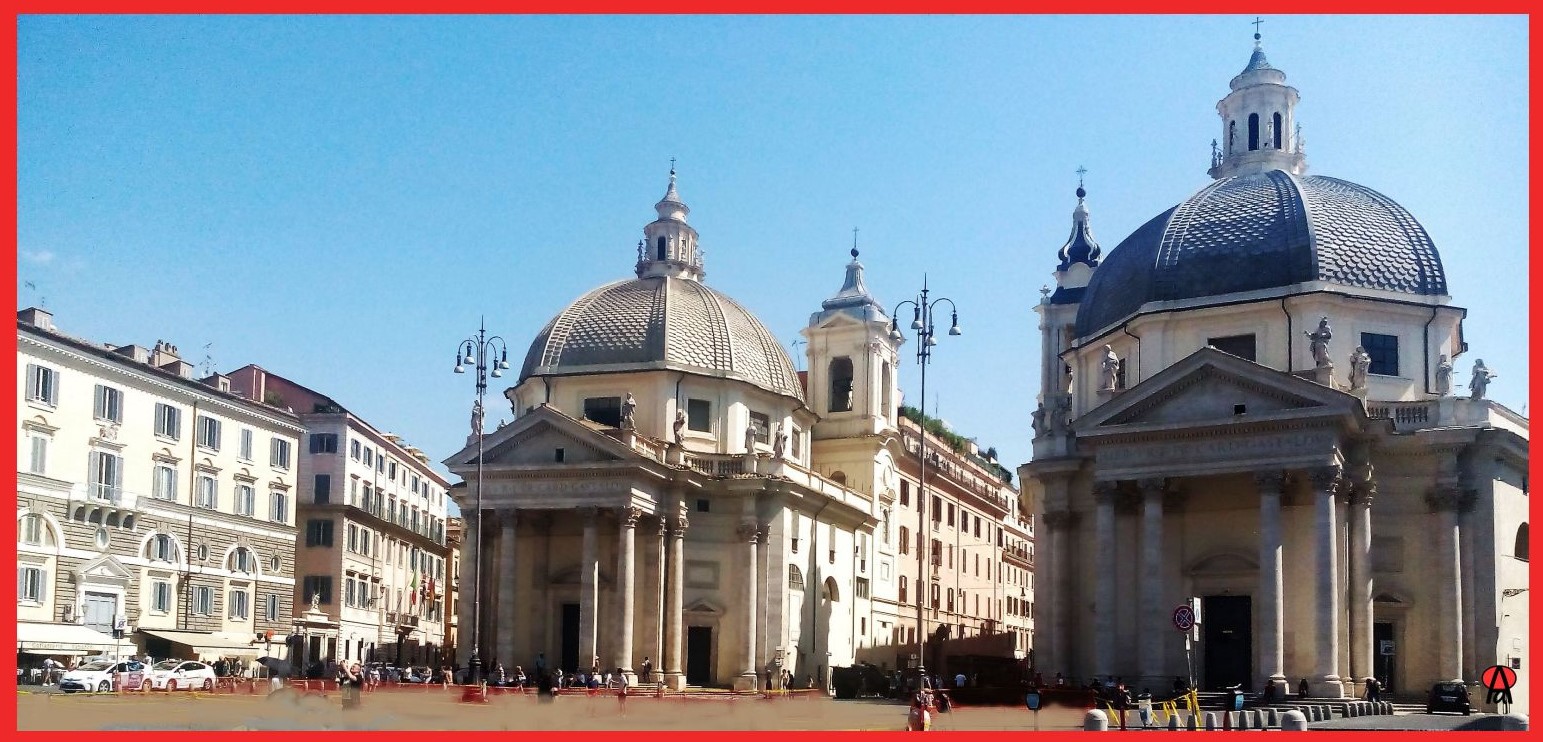 Fotografia della facciata delle chiese gemelle a piazza del Popolo.