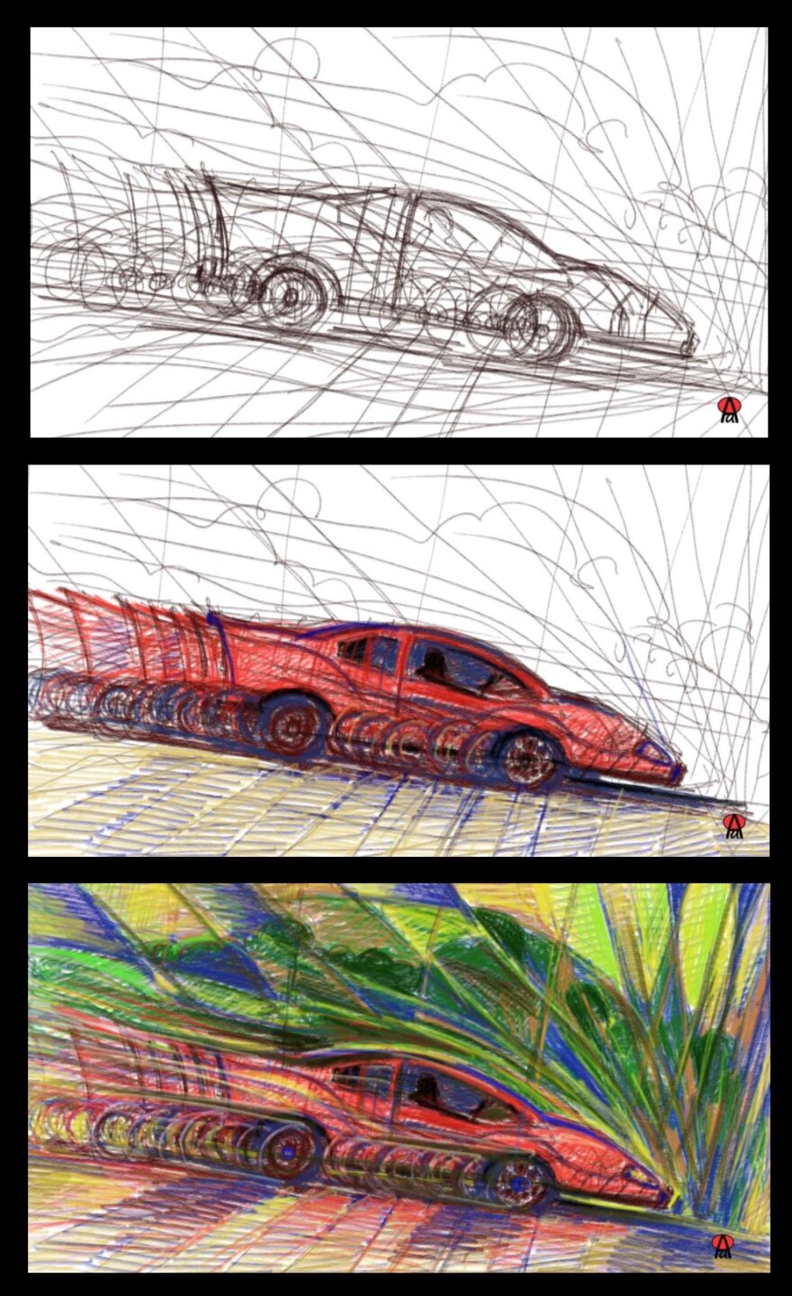 Fasi esecutive del disegno e coloritura di una automobile in movimento